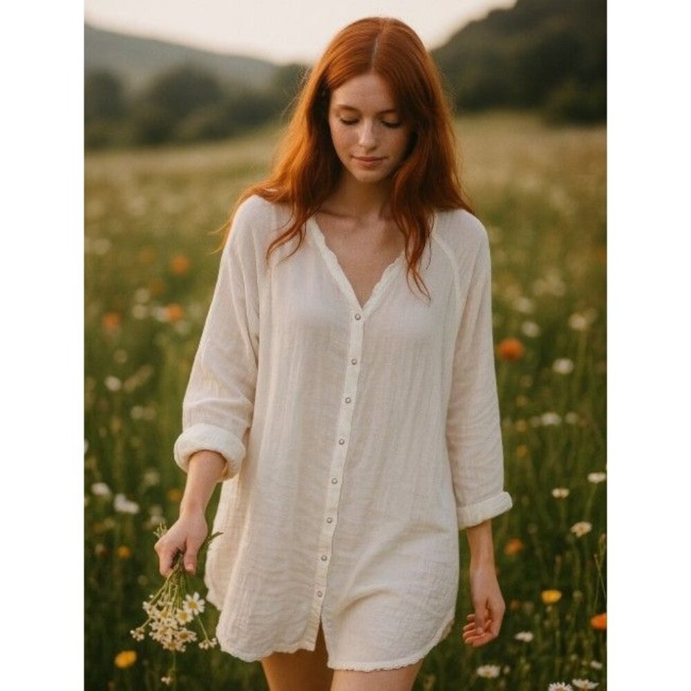 Natural Life Boho White Snap-Down Shirt Dress Lightweight Gauze Romantic XL